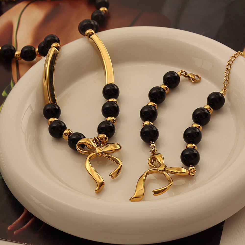 Beaded Charm Set (Gold) (Necklace + Bracelet)