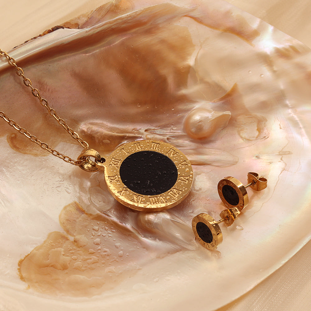Black Enamel Coin Set (Necklace + Earrings)