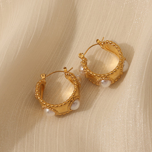 Beaded Hoop Huggies w/ Pearl Accents – Gold