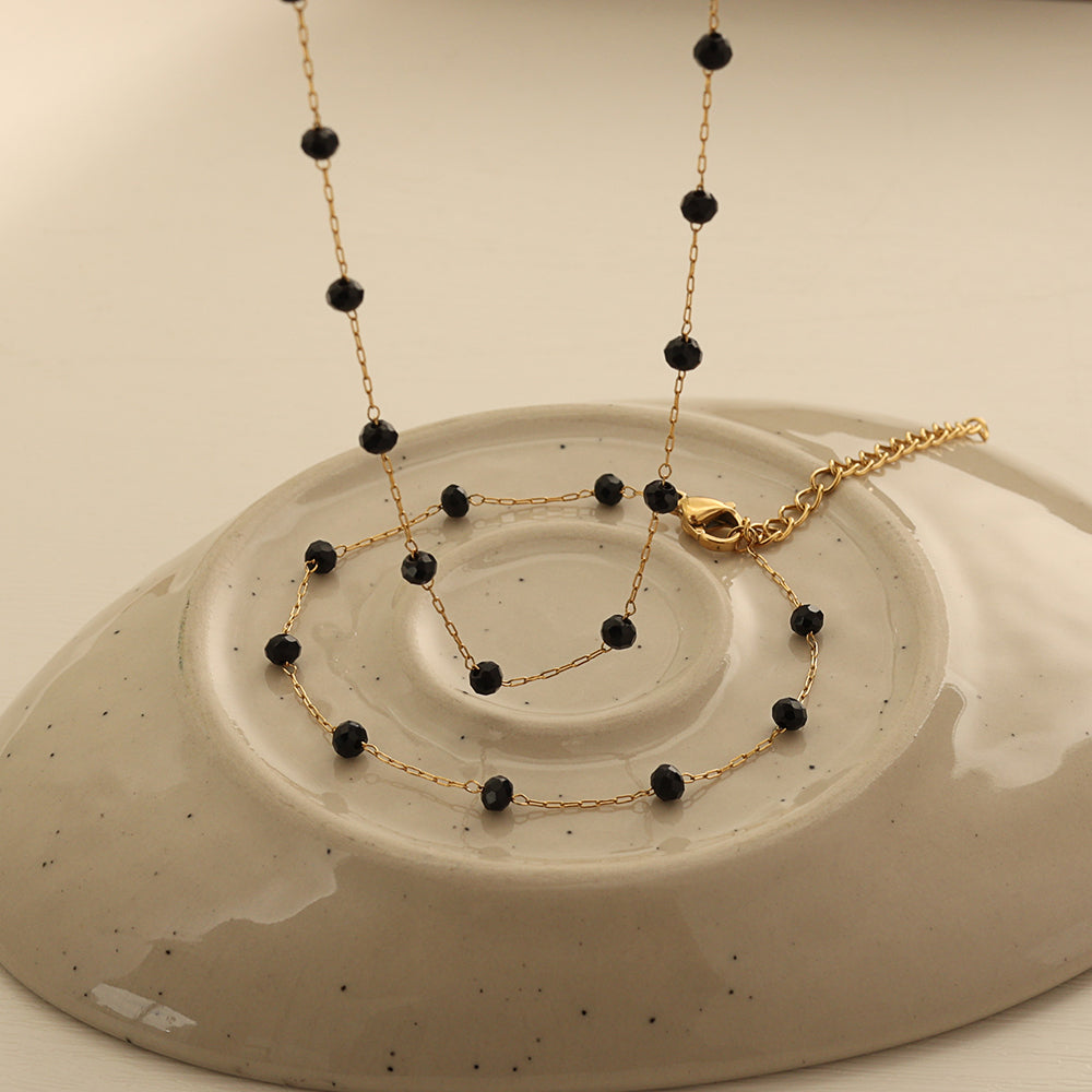 Black Glass Bead Duo (Gold)  (Necklace + Bracelet)