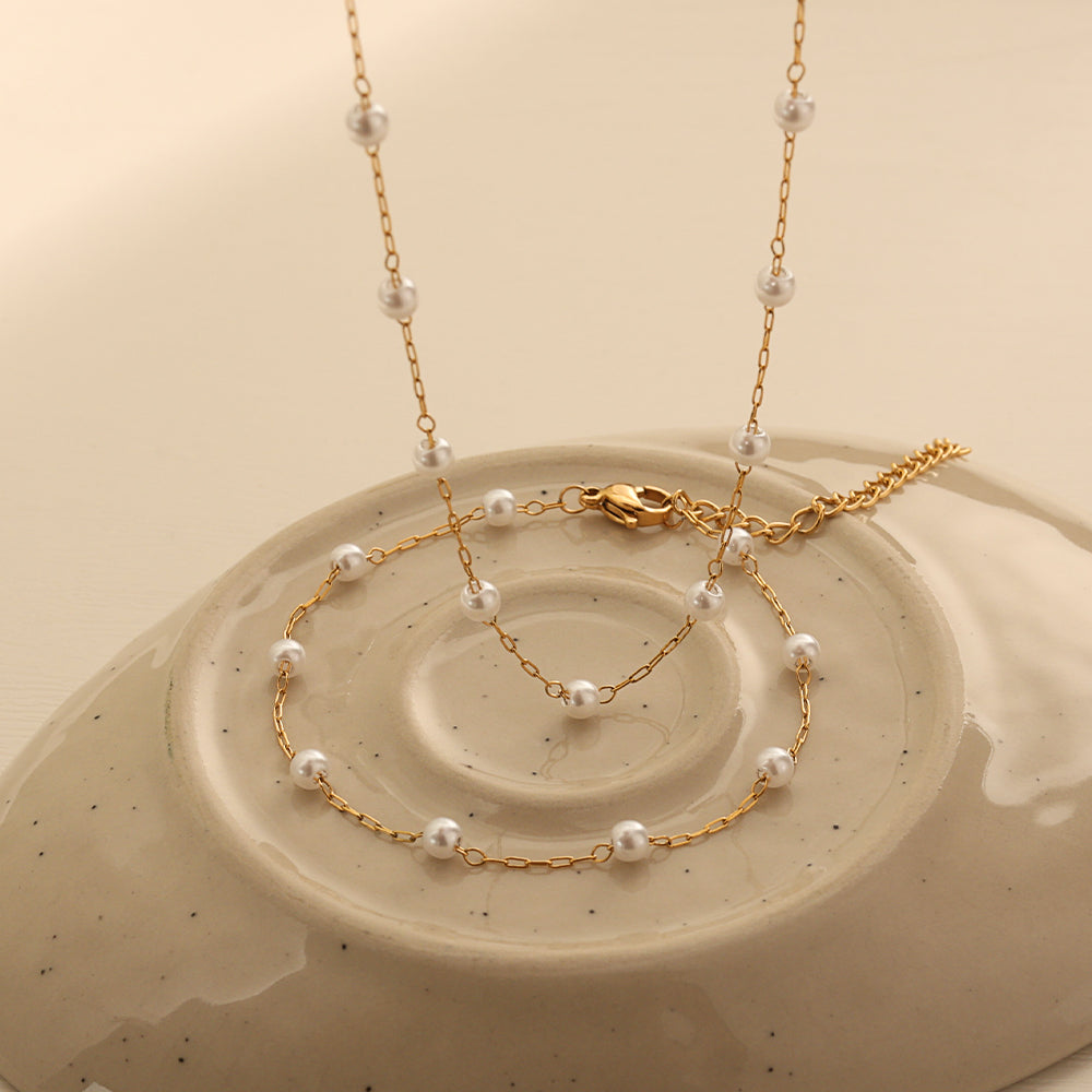 Layered Pearl Set (Gold)  (Necklace + Bracelet)
