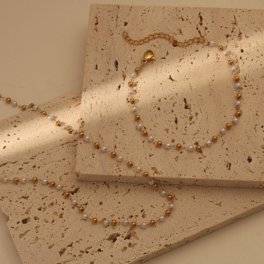 Mini Pearl Station Set (Gold)  (Necklace + Bracelet)