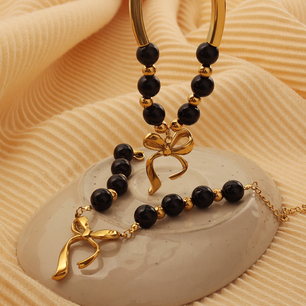 Beaded Charm Set (Gold)  (Necklace + Bracelet)