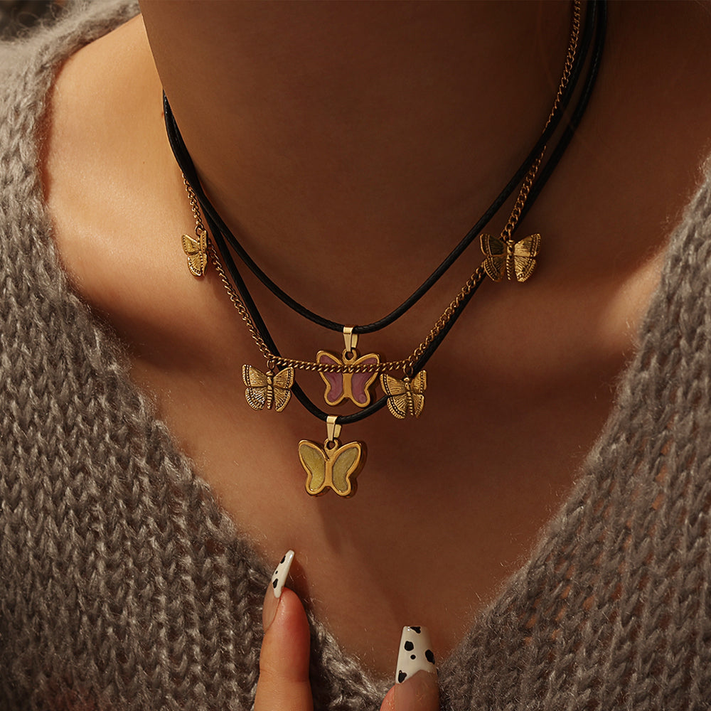 Enamel Butterfly Necklace (Blue or Yellow) – Gold (39.5 + 8 cm)