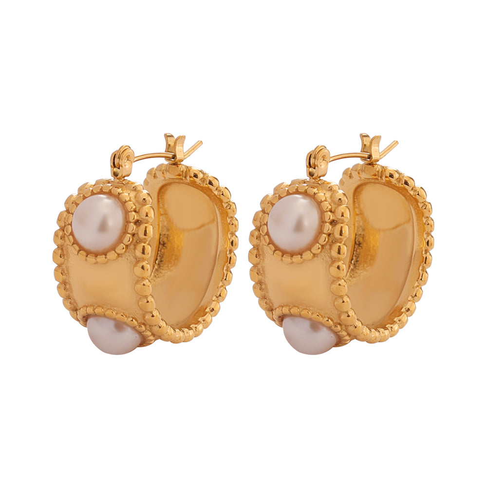 Beaded Hoop Huggies w/ Pearl Accents – Gold