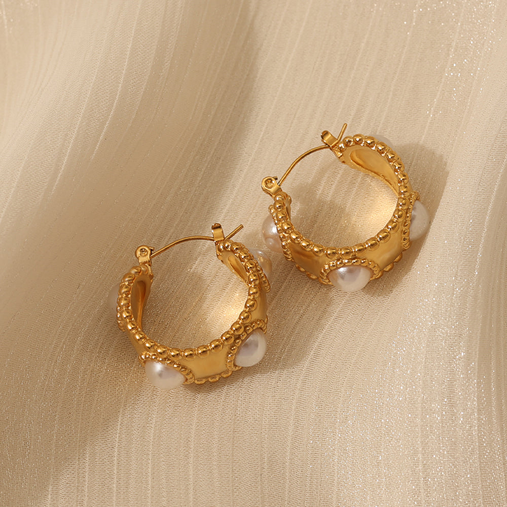 Beaded Hoop Huggies w/ Pearl Accents – Gold
