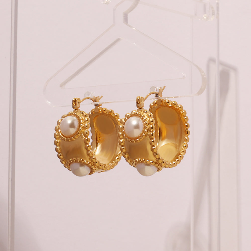 Beaded Hoop Huggies w/ Pearl Accents – Gold