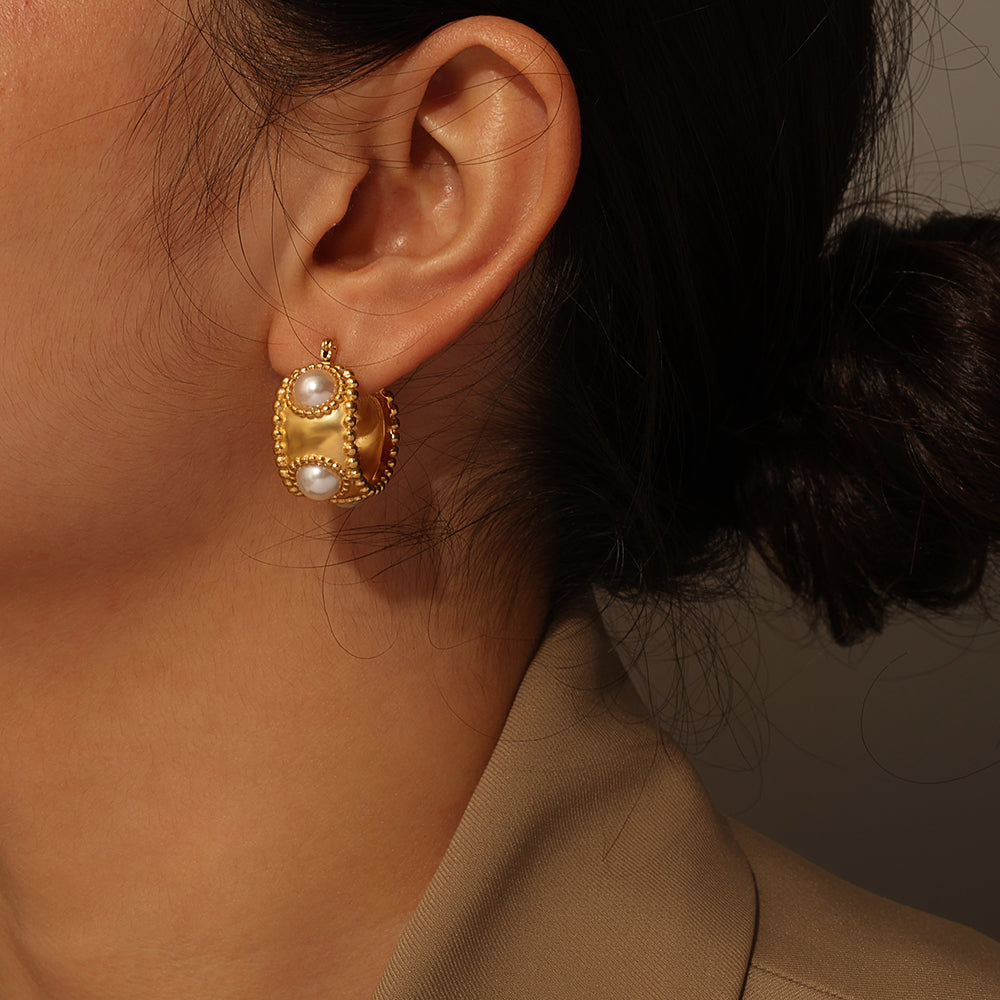 Beaded Hoop Huggies w/ Pearl Accents – Gold