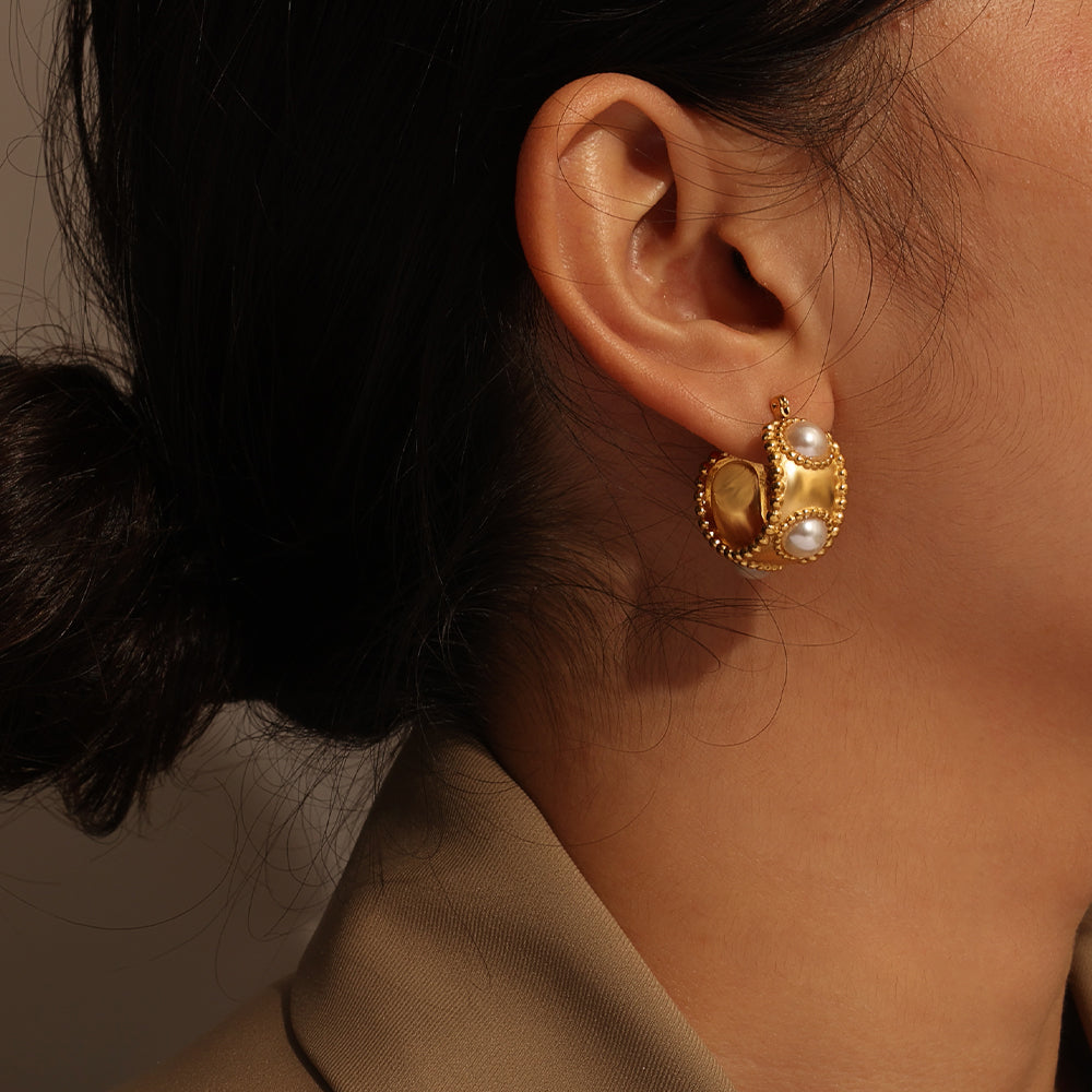 Beaded Hoop Huggies w/ Pearl Accents – Gold