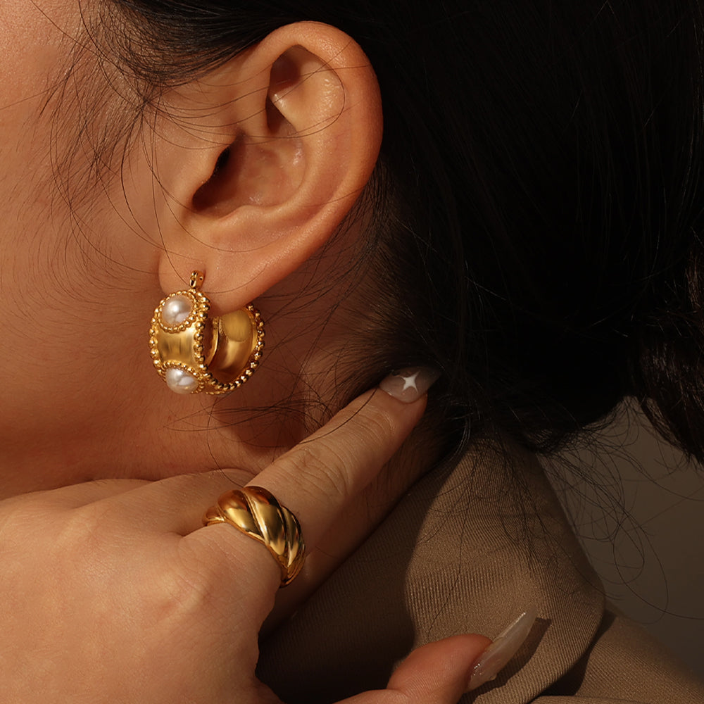 Beaded Hoop Huggies w/ Pearl Accents – Gold