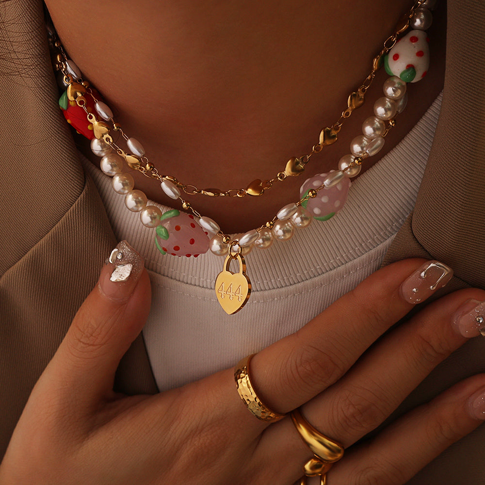 Beads & Ceramic Flower Necklace – Gold (42.5 + 5 cm)